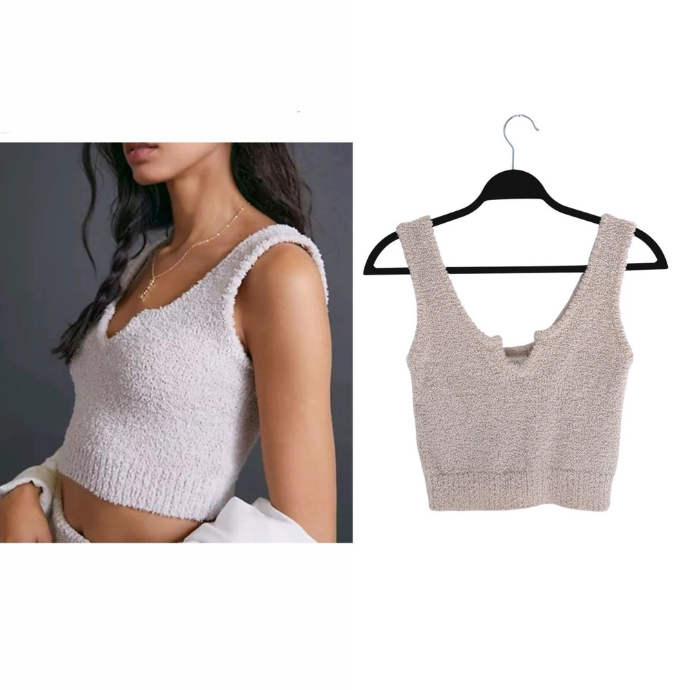 NIA The Brand Notched Sweater‎ Tank Dove Beige Fuzzy Knit Crop Top Small S